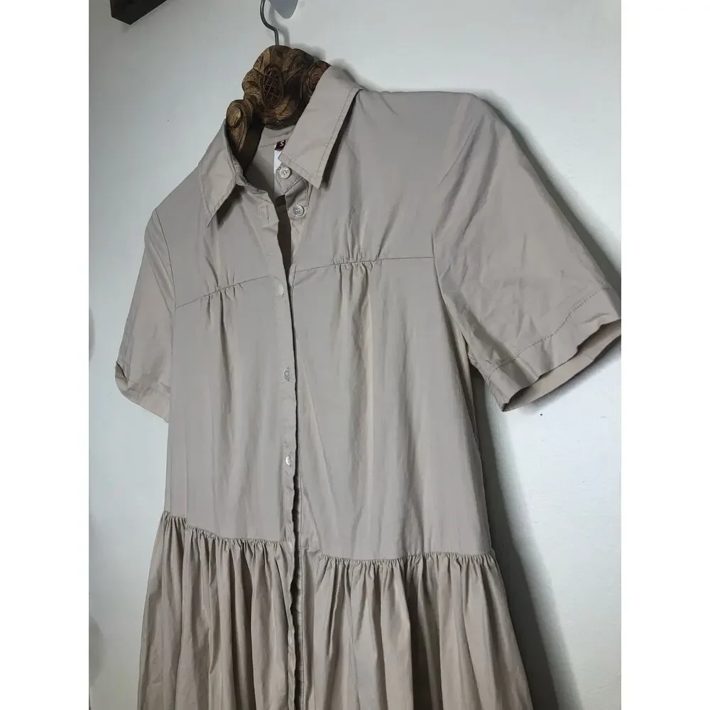 Staud Guilia Shirt Dress Ruched Gather Waist Midi Tan Cream Biscotti Collar S